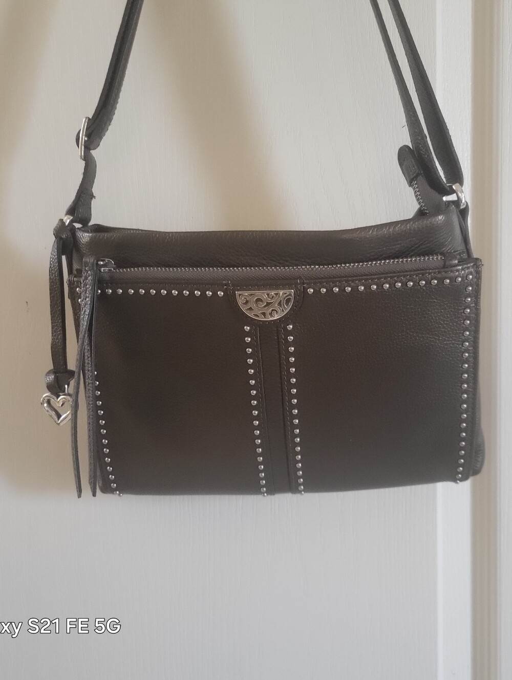 BRIGHTON Women's Metallic Pewter Studded Leather Shoulder Bag